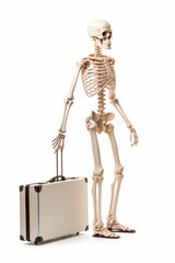 Human skeleton of a male businessman with a briefcase, isolated on a white background.