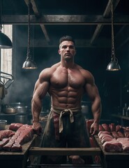 brutal muscle european male butcher - obrazy, fototapety, plakaty
