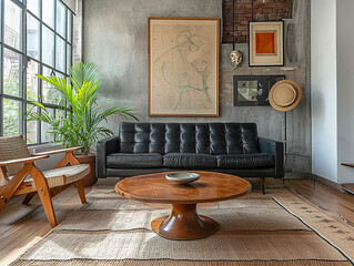 Stile di metà secolo casa interior design del soggiorno moderno. Tavolino da salotto vicino a un divano nero con cuscini contro le finestre