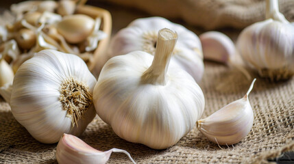 Whole and Cloves of Garlic on Burlap Texture
