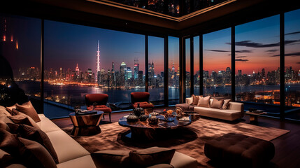 Luxurious penthouse with huge windows. View of the night metropolis and the sea. Abstract illustration.