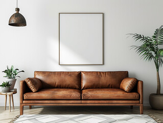 Interior design domestico in stile minimalista del soggiorno moderno. Divano in pelle marrone  shabby vicino al muro bianco con poster d'arte moderna,  - obrazy, fototapety, plakaty