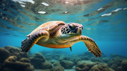 Hawaiian Green Sea Turtle (Chelonia mydas) swimming underwater.AI.