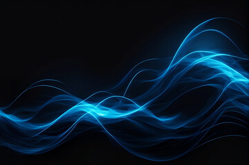 Abstract black background with neon blue color waves and lightnings.