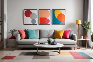 Scandinavian interior home design of modern living room with gray sofa and colorful pillows with pop art colorful abstract frame poster