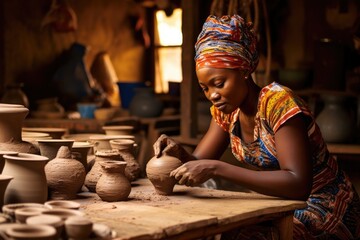 A young African woman sits in a workshop between pottery and makes pots
