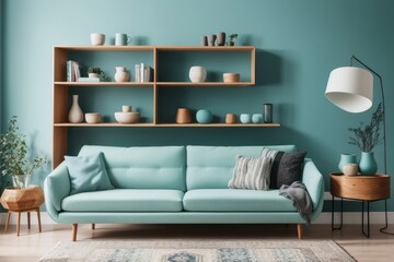 Scandinavian interior home design of modern living room with turquoise sofa and wooden shelves with wooden furniture and houseplants on turquoise wall
