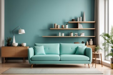 Scandinavian interior home design of modern living room with turquoise sofa and wooden shelves with wooden furniture and houseplants on turquoise wall