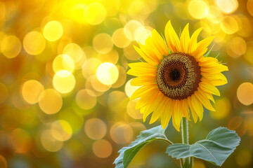 Obraz premium Close-up yellow sunflower in full bloom on sunny summer, yellow sunflower, and fields blurred in the background. Focus on the petal. sunflowers on blurred background, beautiful sunflowers