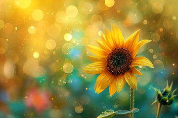 Obraz premium Close-up yellow sunflower in full bloom on sunny summer, yellow sunflower, and fields blurred in the background. Focus on the petal. sunflowers on blurred background, beautiful sunflowers