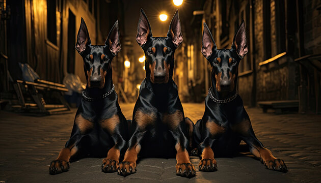 3 black dobermans standing against the street at night