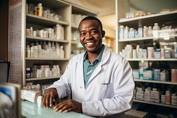 An African male pharmacist smiling as he hands over medication to a customer in a sunny pharmacy.
