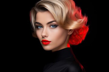 Portrait of a young woman featuring striking red lipstick and a stylish updo against a black background.
Generative ai