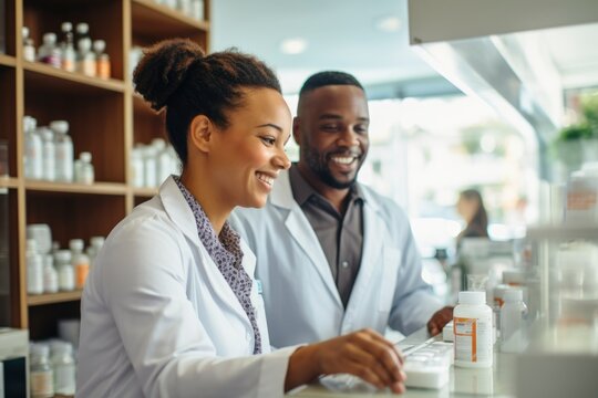 Confident and welcoming female pharmacist  in a professional pharmacy environment. Generative ai
