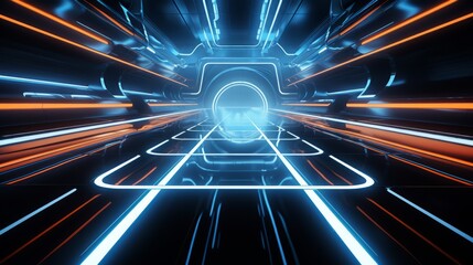 Tron Legacy-inspired background: Dark grid illuminated by neon lights, futuristic shapes, and...