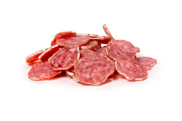 Tasty salami slices isolated on a white background.