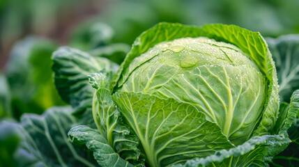 Fototapeta premium Fresh Green Cabbage with Morning Dew in Field 