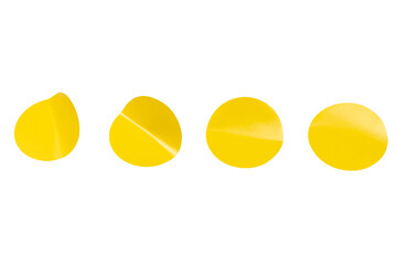 Round yellow stickers, blank tags labels isolated on a white background.