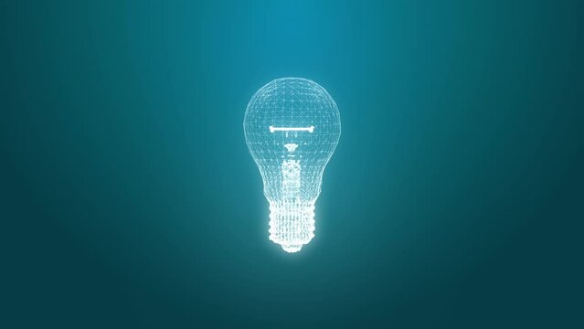 Rotating 3D white light bulb or lamp model with plexus effect, geometrical lines and triangular shapes with dots on sky blue background. Bussines idea, new ideas and innovation concept.