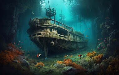 a huge sunken ship overgrown with corals, fish and sharks swimming around. 