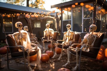 A gathering of bony figures lounging in outdoor chairs, as if waiting for someone to join them before the leaves of autumn begin to fall