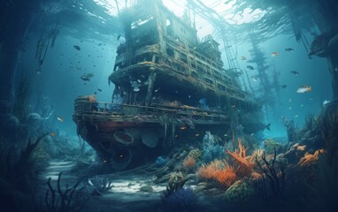 a huge sunken ship overgrown with corals, fish and sharks swimming around.  - obrazy, fototapety, plakaty