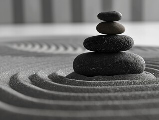 Perfectly stacked stones in a tranquil Zen garden