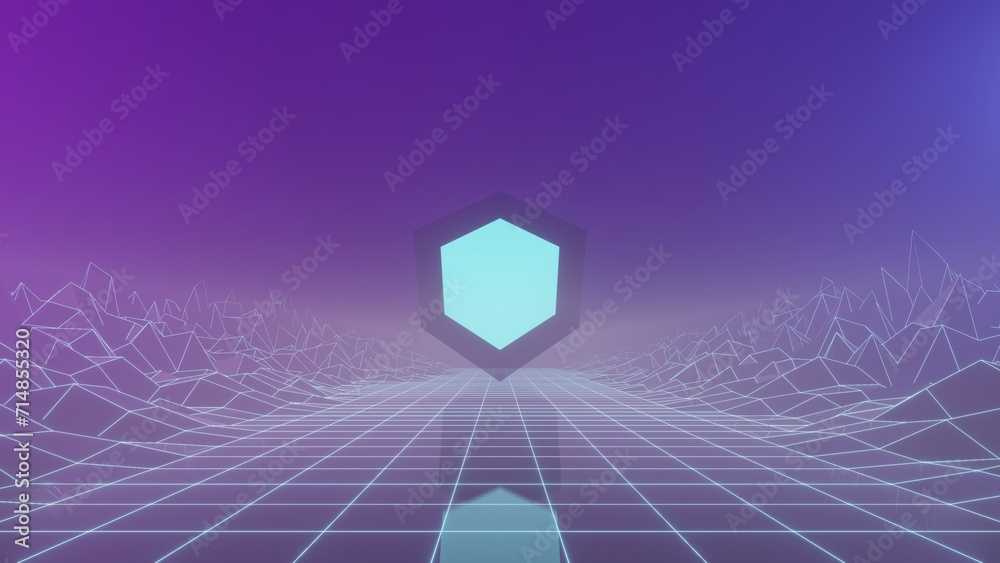 Aufkleber dominated by a neon color palette, the scene presents a surreal environment with a peculiar cube lig