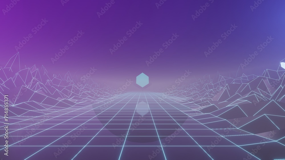 Aufkleber Dominated by a neon color palette, the scene presents a surreal environment with a peculiar cube light as the focal point. 