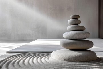 Fototapeta na wymiar Perfectly stacked stones in a tranquil Zen garden
