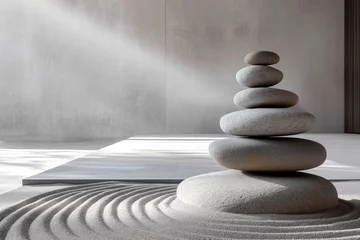 Zelfklevend Fotobehang Perfectly stacked stones in a tranquil Zen garden © Simone