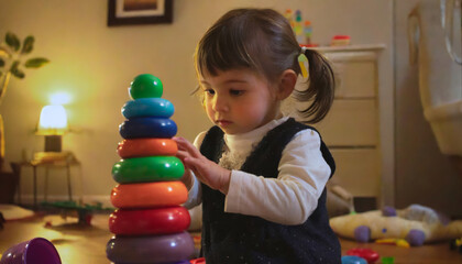 A small child develops playing toys