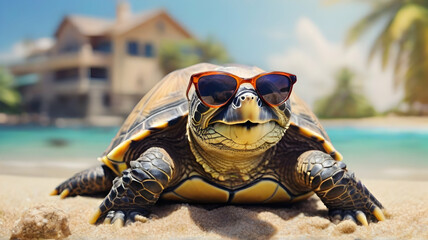Turtle wear sunglasses on beach background