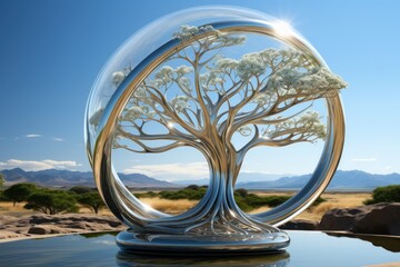 A serene landscape encapsulated in a glass sphere, where a tree grows tall and proud, reflecting the beauty of the sky, water, and mountains, creating a unique sculpture of nature's art