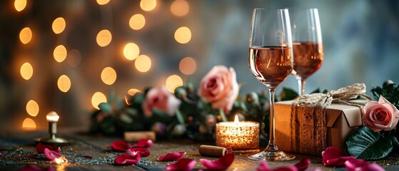 Obraz na płótnie Canvas Romantic and elegant banner backdrop with a zotto gift box, wine glass, glass rose, bouquet, candles, and a generous area for text. [Romantic banner with zotto gift box, wine glass
