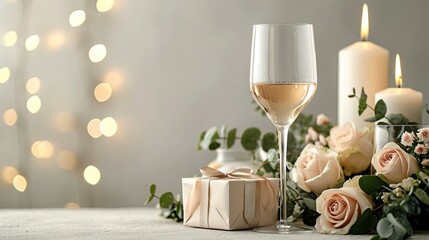 Chic and modern banner with an elegant zotto gift box, wine glass, glass rose, bouquet, candles, and a spacious section for text. [Chic banner with zotto gift box, wine glass, glas