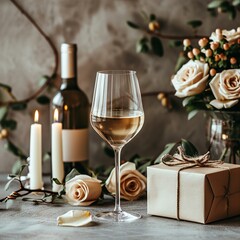Naklejka na ściany i meble Sophisticated and chic banner backdrop with an elegant zotto gift box, wine glass, glass rose, bouquet, candles, and a well-designed space for text. [Sophisticated banner with zott