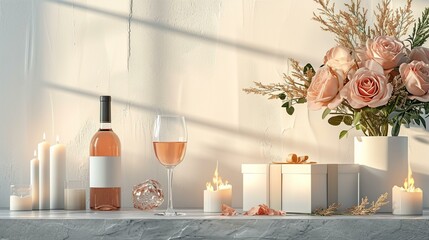 Modern and sophisticated banner background with an elegant zotto gift box, wine glass, glass rose, bouquet, candles, and a spacious section for text. [Modern banner with zotto gift