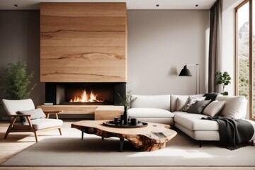 Scandinavian interior home design of modern living room with gray sofa, live edge accent table and fireplace with wooden furniture and houseplants, mountain forest view