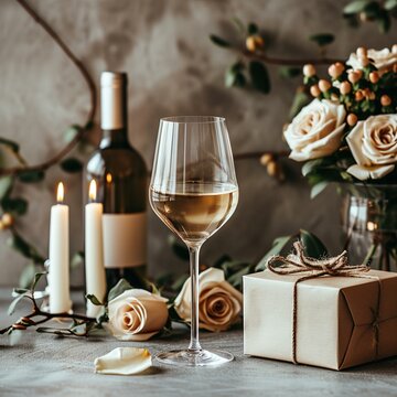 Sophisticated and chic banner backdrop with an elegant zotto gift box, wine glass, glass rose, bouquet, candles, and a well-designed space for text. [Sophisticated banner with zott