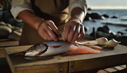 Obraz premium Professional Chef Preparing Fresh Salmon Fillet