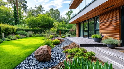 Panoramic shot of the modern backyard garden in a stylish house, featuring space for text. [Modern backyard garden in stylish house