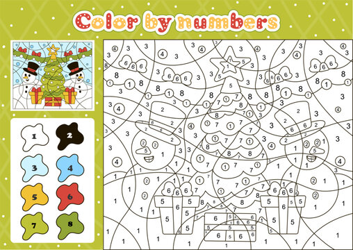 Winter themed coloring page by number for kids with cute snowman characters and christmas tree