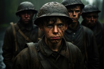 Obraz premium A group of men, with determined expressions and dressed in military uniforms complete with helmets, stand tall on a bustling city street, ready to protect and serve their country