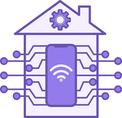 Colored Smart Home Icon. Home Automation. Vector Illustration of House, Gear, Mobile Phone, and Wi-Fi Internet. Technology Concept