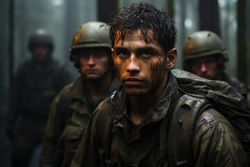 Fototapeta premium A stoic group of soldiers donning their military uniforms and protective gear, stand tall with determination etched on their human faces as they prepare for the challenges that await them in the unfo
