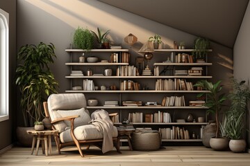 A cozy living room, adorned with a plush couch and vibrant houseplants, invites you to relax and get lost in the pages of a book from the elegant bookshelf
