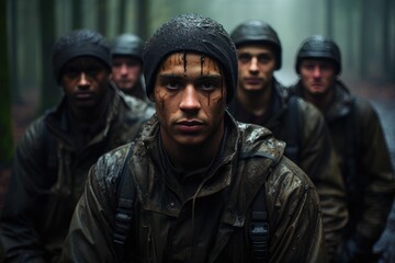A group of men in military uniforms huddle together, their rain gear shielding their faces from the harsh elements as they prepare for an outdoor mission