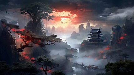 a painting of a mountain landscape with a pagoda in the distance - Powered by Adobe