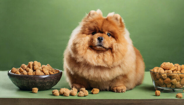A dog sitting next to bowls of dog food, Bunny Chow on a green background; a photo for the menu.
